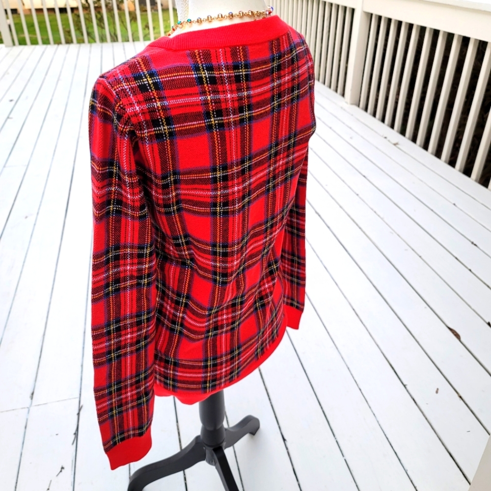 New! J Crew sz XS X-Small Red Tartan Plaid Christmas Sweater Cotton NWT - Picture 7 of 13